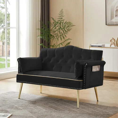 Miniatura 3 de hansones Sofá biplaza moderno de terciopelo de 55 pulgadas con patas de metal dorado y bolsillos laterales, respaldo copetudo, perfecto para sala