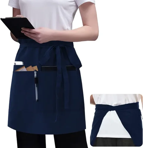 Miniatura 7 de ROTANET Delantal negro con 3 bolsillos de 18 pulgadas de largo para camarera bistró delantales de media cintura para mujeres y hombres impermeables