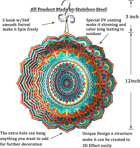 Miniatura 7 de Molinillo de viento de mandala de bendición, 12 pulgadas, 3D, de acero inoxidable, regalo valioso, cortado con láser, arte cinético de jardín, A5