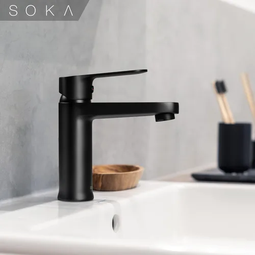 Miniatura 12 de SOKA - Grifo de baño de latón negro mate con tapón de desagüe emergente y placa de cubierta - Grifo monomando para RV con 1 o 3 agujeros
