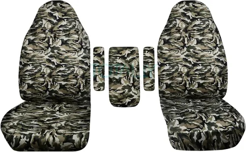 Fundas para asientos y 3 fundas para reposabrazos de camiones Ford (Uno por asiento + Central) (16 impresiones, diseño de camuflaje), verde, (Beige