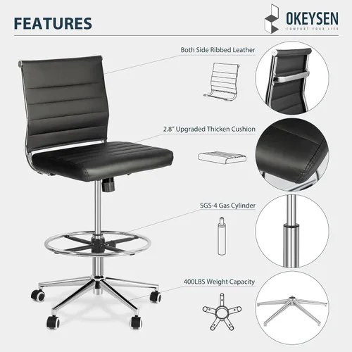 Miniatura 3 de Okeysen - Silla de dibujo sin brazos, silla de oficina ergonómica de cuero de 400 libras con anillo de pie ajustable, moderna silla de escritorio