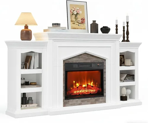 Miniatura 14 de LGHM - Soporte de TV para chimenea de 80", para televisores de hasta 90 pulgadas, chimenea eléctrica con repisa, centro de entretenimiento