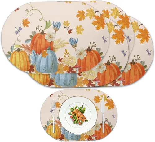 Miniatura 34 de Non Slip Placemats Set of 6 Pumpkin Mushroom Theme Waterproof Wipeable Faux Leather for Thanksgiving Family Feast Heat Resistant Dining Table Mats