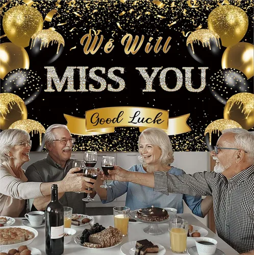 Miniatura 5 de Fondo de fiesta de despedida de jubilación We Will Miss You Black Gold Glitter Balloon Photography Background Goodbye Going Away Retirement Bye