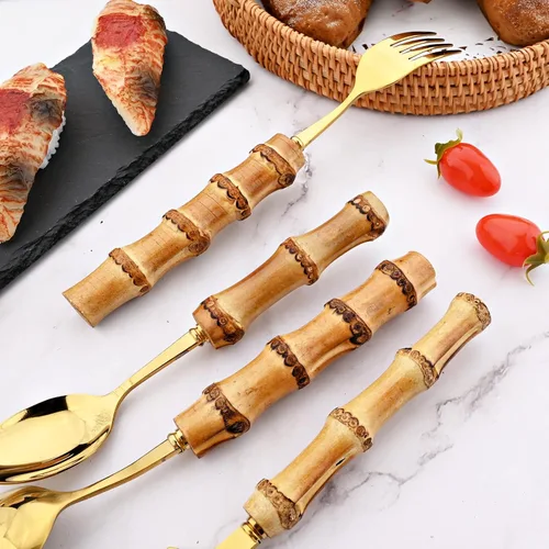 Miniatura 5 de Juego de cubiertos de bambú para 6, 24 piezas de cubiertos de acero inoxidable con mango de bambú natural, juego de cubiertos dorados, espejo, apto
