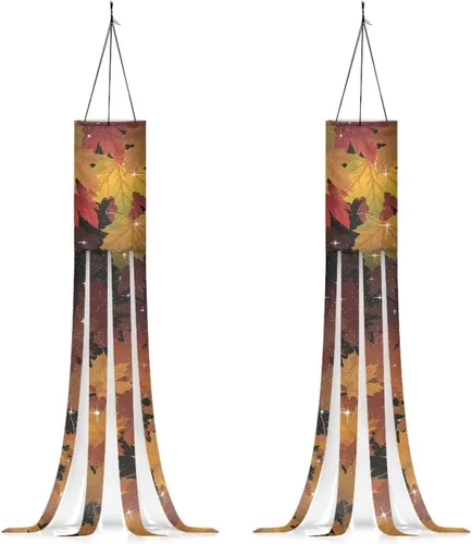 Miniatura 18 de Hojas de arce coloridas de otoño, 2 piezas, manga de viento colgante, ligera, lavable a máquina, tela de poliéster, patio, césped, jardín, árbol