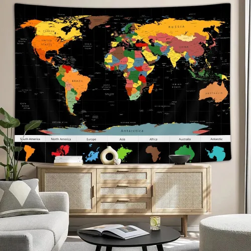 Miniatura 6 de Xguatan Tapiz de mapa del mundo para niños y estudiantes, mapa del mundo vintage, países educativos, ciudades, tapiz colgante de pared para aula
