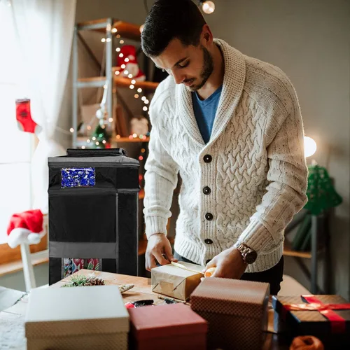 Miniatura 7 de ProPik Bolsa organizadora de almacenamiento de papel de regalo navideño con bolsillo y asas, incluyendo lazo para colgar, material resistente