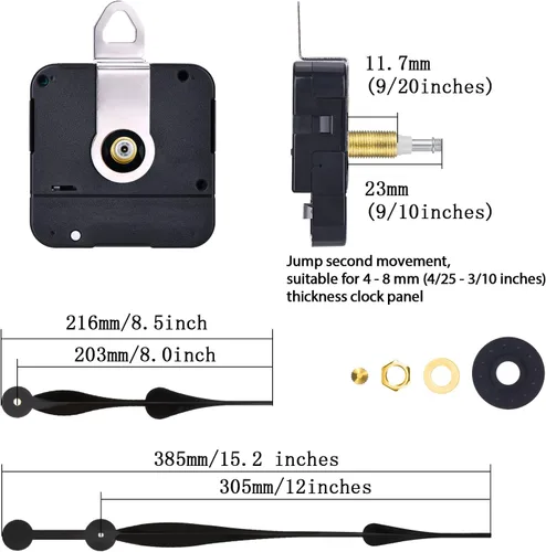 Miniatura 2 de Mecanismo de reloj de cuarzo de alto par Hicarer con manecillas de pala largas de 12 pulgadas para reemplazo de mecanismo de reloj DIY Negro