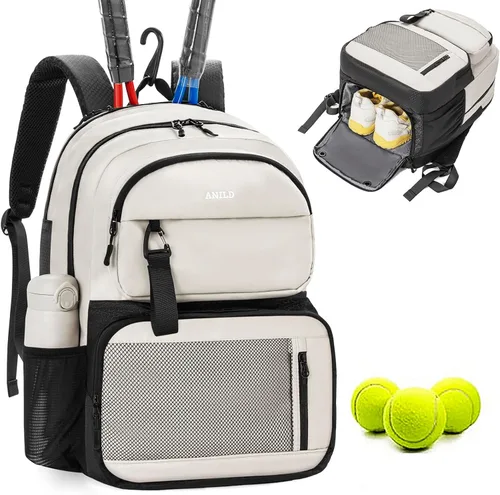 ANILD Bolsa de tenis multideportiva para 2 raquetas con compartimento ventilado para zapatos para hombres y mujeres, Beige, Grande, Bolsa de tenis