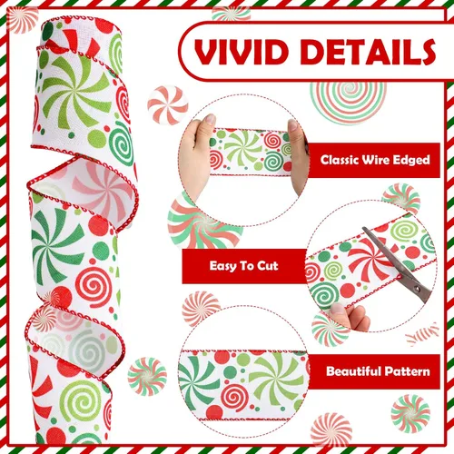 Miniatura 4 de Berlune 2 rollos de cinta de Navidad con borde de alambre de menta caramelo de 2.5 pulgadas de ancho, cinta de arpillera para manualidades, coronas