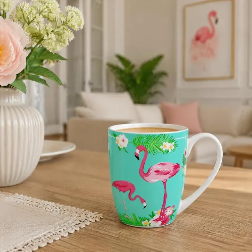 Miniatura 6 de Taza de porcelana de hueso flamenco de 12.5 oz con plantas tropicales Porcelana de hueso ligera, ideal para los amantes del flamenco, taza de café