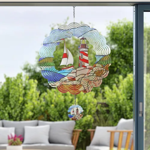 Miniatura 6 de Faro Molinillo de Viento 3D Giratorio Arte de Metal Cinético Colgante Molinillo de Viento Decoración Exterior Adornos de Océano Decoración