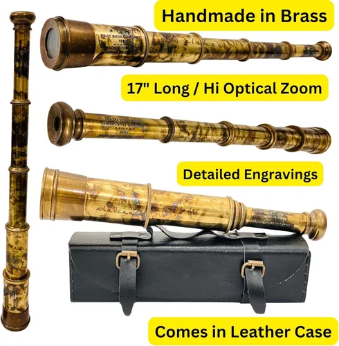 Miniatura 2 de Raro telescopio de latón y catalejo - East India Company 1818 Tracker Vintage Catalejo pirata antiguo grande en caja de regalo de cuero cosido a