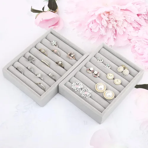 Miniatura 7 de DesignSter Bandeja pequeña para joyas, 2 organizadores de anillos, bandeja de exhibición de joyas de terciopelo, bandejas organizadoras de joyas