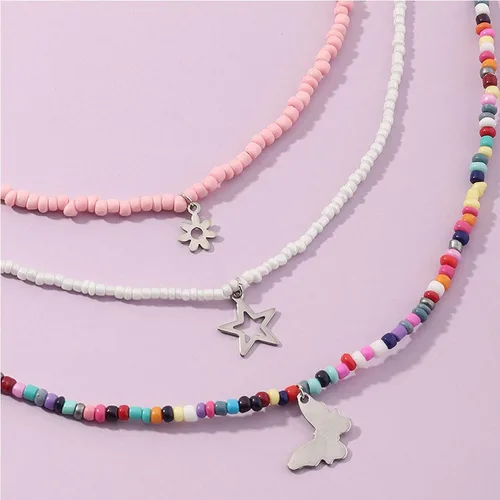 Miniatura 3 de Gargantilla hecha a mano de múltiples capas con cuentas coloridas de arcoíris, cadena de eslabones con dije de luna, estrella, mariposa, amistad