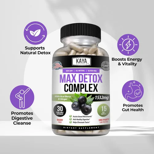 Miniatura 4 de Kaya Naturals Max Detox - Suplemento de hierbas - Ingredientes naturales 1532 mg - Polvo de psyllium, extracto de bayas de acai, raíz de jengibre 30