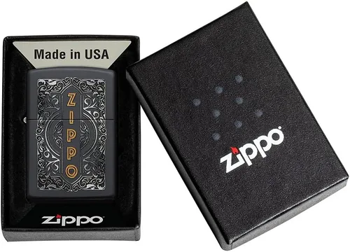 Miniatura 6 de Encendedor de bolsillo Zippo negro mate con diseño de logo de Zippo Logotipo de oro mate negro