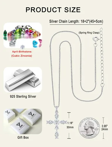 Miniatura 84 de YL Collar de cruz de plata de ley 925 con colgante de piedra natal religiosa para mujer