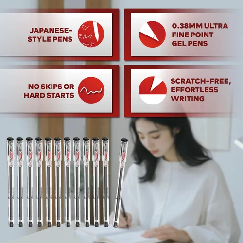 Miniatura 2 de XFasten Bolígrafos de punta extra fina de 0.015 in, paquete de 24 bolígrafos de tinta de gel de estilo japonés negro, flujo de tinta suave, sin