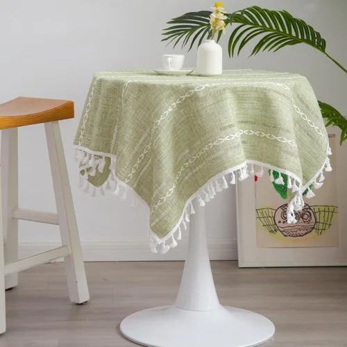 Miniatura 10 de Mantel Redondo Pequeño de Lino Rústico para Mesita de Noche con Rayas Bordadas Lavable Azul Cubierta de Mesa Estilo Granja con Puntadas y Borlas