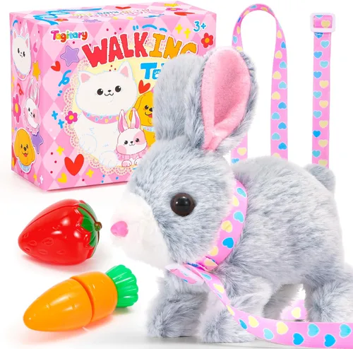 Miniatura 10 de Tagitary Juguetes de peluche electrónicos con sonidos, orejas que se mueven, boca y nariz que se contraen, juguete interactivo de conejo para niños