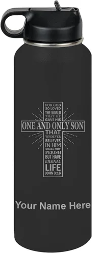 Miniatura 69 de LaserGram Botella de agua personalizada, versículo bíblico John 3-16, acero inoxidable de doble pared aislada al vacío con popote superior, regalo