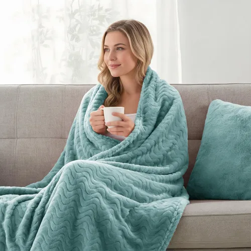 Miniatura 3 de Exclusivo Mezcla - Manta Queen para cama, mantas de vellón ligeras y acogedoras con textura decorativa de ola, adecuadas para invierno, celadón, 90