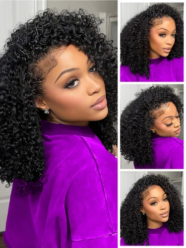 Miniatura 6 de Peluca de cabello humano rizado de 16 pulgadas para mujeres negras 3 en 1, sin costuras, con volteo por la mitad, sin pegamento, densidad 220
