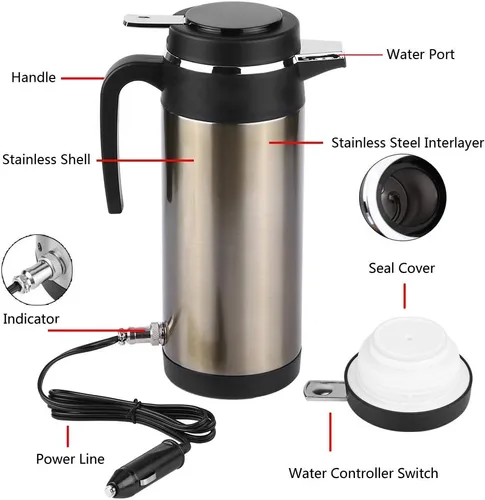Miniatura 5 de Calentador de agua para automóvil de 12 V, calentador de taza de viaje de calentamiento rápido, acero inoxidable, eléctrico, 40.6 fl oz