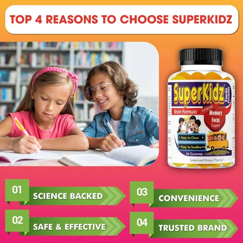 Miniatura 4 de Superkids - Gomitas de enfoque para niños con Omega 3 DHA, gomitas de apoyo cerebral para niños y adolescentes, gomitas de memoria y concentración