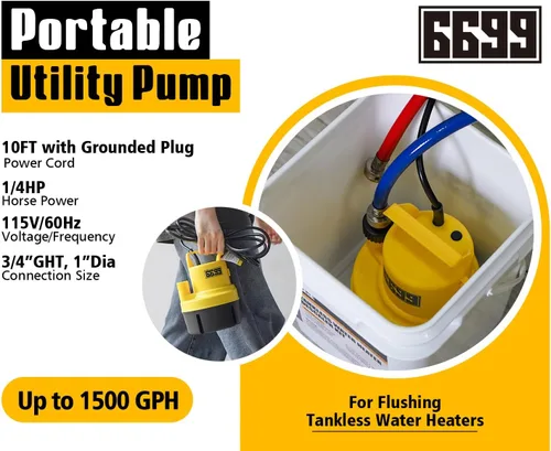 Miniatura 3 de El kit de descarga del calentador de agua sin tanque incluye bomba de sumidero sumergible de 1/4 HP con dos adaptadores y cubo de 3 galones