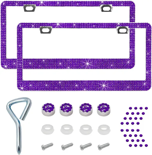 Miniatura 7 de Ziciner 2 piezas de marco de matrícula brillante, cubierta de etiqueta de matrícula brillante con diamantes de imitación multifacéticos, soporte