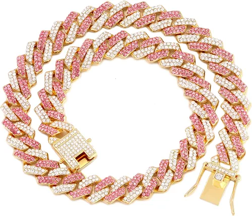 Miniatura 10 de Collar de cadena dorada para perro, collar cubano de diamantes para caminar, collar de cadena de metal con diseño de hebilla segura, collares