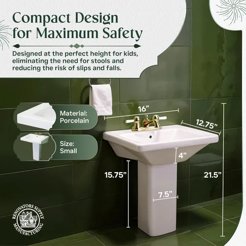 Miniatura 4 de Renovators Supply Manufacturing WeeWash - Fregadero de pedestal de baño infantil de 21.5 pulgadas de alto x 16 pulgadas de ancho, porcelana vítrea