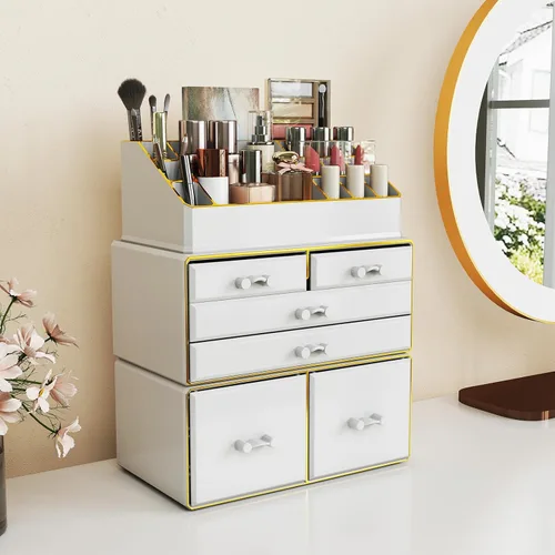 Miniatura 9 de Delamu Organizador de maquillaje de 3 niveles y 6 cajones para encimera, organizador de cosméticos para tocador y tocador, organizador de baño, Negro