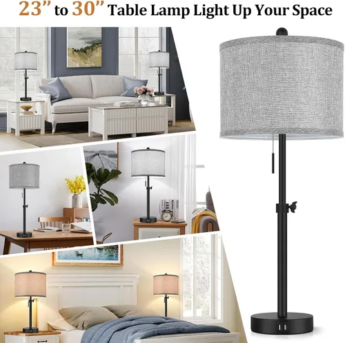 Miniatura 7 de Kondras Table Lamps for Bedroom Set of 2, 23''-30'' Adjustable Height Bedside Lamps with 2 USB Ports, Black Nightstand Lamps with Grey Linen Shade