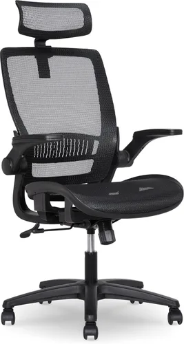 Amazon Basics Silla ergonómica de escritorio con respaldo alto, cómodos reposabrazos abatibles, asiento de malla contorneada, giratorio, negro, 25.5