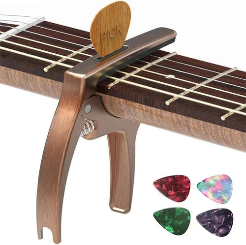 Miniatura 13 de Cejilla de Guitarra, TANMUS - Cejilla de metal de zinc 3 en 1 para guitarras acústica y eléctrica (con soporte para púas y 4 púas), para ukelele