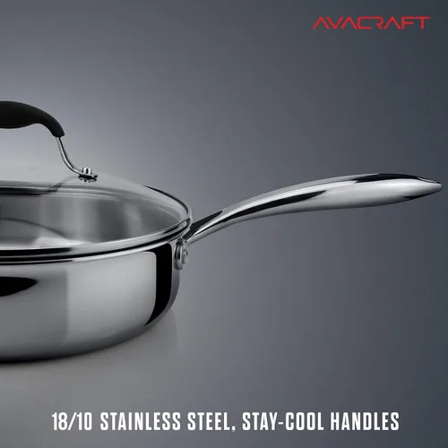 Miniatura 6 de AVACRAFT Sartén de acero inoxidable de tres capas 18/10 con tapa, mango auxiliar, inducción y estufa, sartén versátil de acero inoxidable