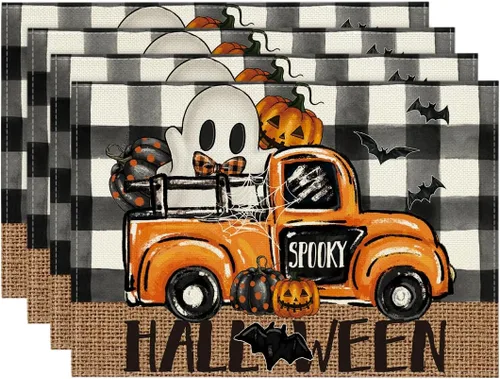 Artoid Mode Buffalo - Juego de 4 manteles individuales espeluznantes de Halloween, 12 x 18 pulgadas, para decoración de fiestas, cocina, comedor