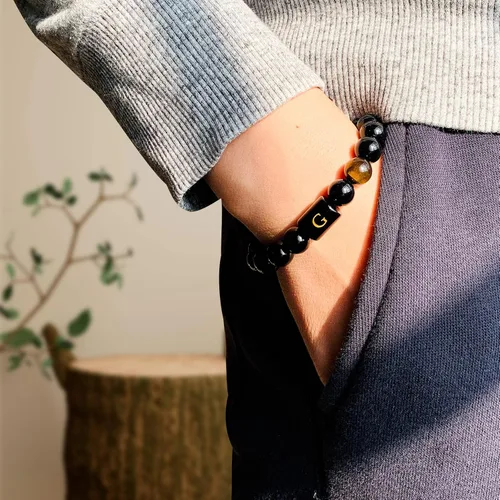 Miniatura 38 de SUMMER LOVE Regalos para el Día del Padre, pulsera con inicial de piedra de ónix negro de 0.394 pulgadas para hombres, pulsera de cuerda trenzada