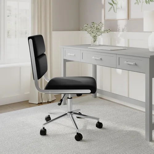 Miniatura 2 de Martha Stewart Lulu - Silla giratoria con asiento ajustable en altura para oficina en casa en piel sintética negra con marco de níquel pulido