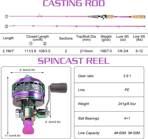 Miniatura 6 de Souagyilang Spincast Fishing Rod Reel Combo,2 Pieces Medium Heavy Pole with Super Smooth Reel Trouble-Free Push-Button Bait Casting Design for