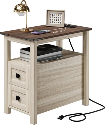 Miniatura 10 de VVFLU Mesa auxiliar estilo granja con estación de carga y 1 gabinete de almacenamiento, 1 cajón, mesita de noche de madera negra estrecha, mesa