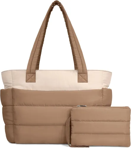 Miniatura 33 de TOPDesign Bolsa Tote Acolchada para Mujer, Bolso de Mano Ligero Inflado con Compartimentos, Bolsa de Hombro Acolchada para Trabajo, Viajes, Gimnasio
