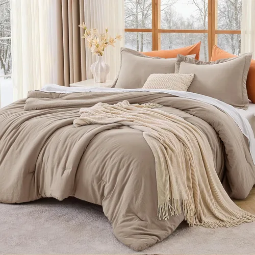 Miniatura 19 de MUXHOMO Juego de edredón beige tamaño individual/individual XL, ropa de cama alternativa ultrasuave para todas las estaciones. El juego de cama