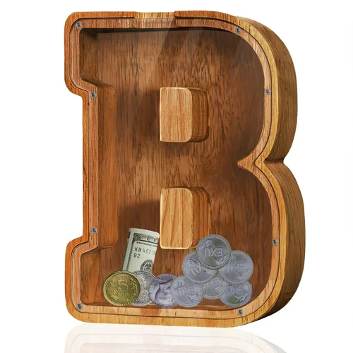 Miniatura 9 de Alcancía de madera grande personalizada con letras – Alcancía de letras para niños y niñas, regalo de cumpleaños (A)
