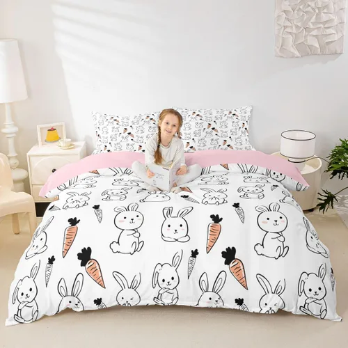 Miniatura 7 de Funda de Edredón Rosa Tamaño Queen para Niñas con Rayas Blancas, Juego de Ropa de Cama Decorativa, Funda de Edredón de Estilo Simple y Moderno